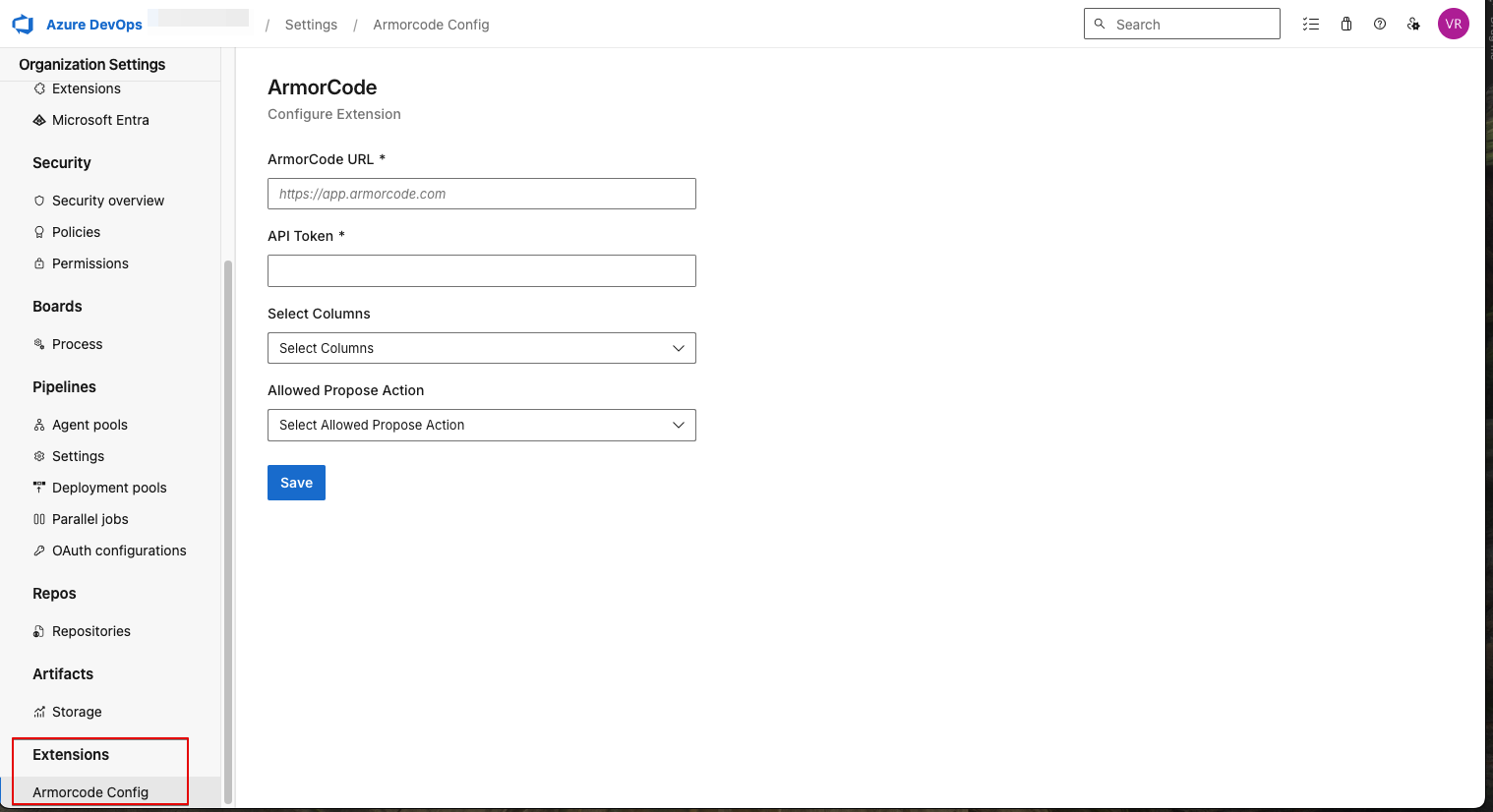 ArmorCode Connect Extension Config Screen under Azure DevOps Organizations