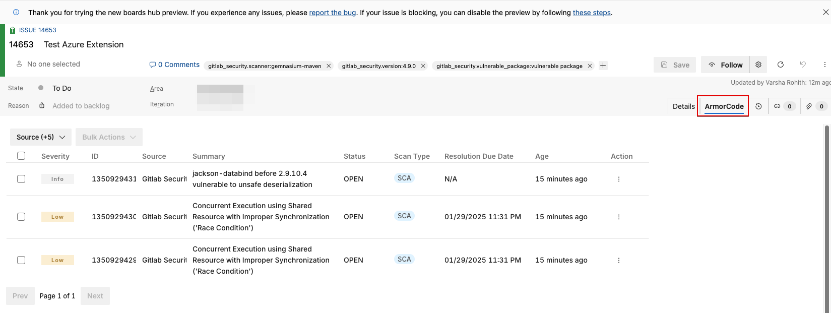ArmorCode Connect Extension View on Azure DevOps work item