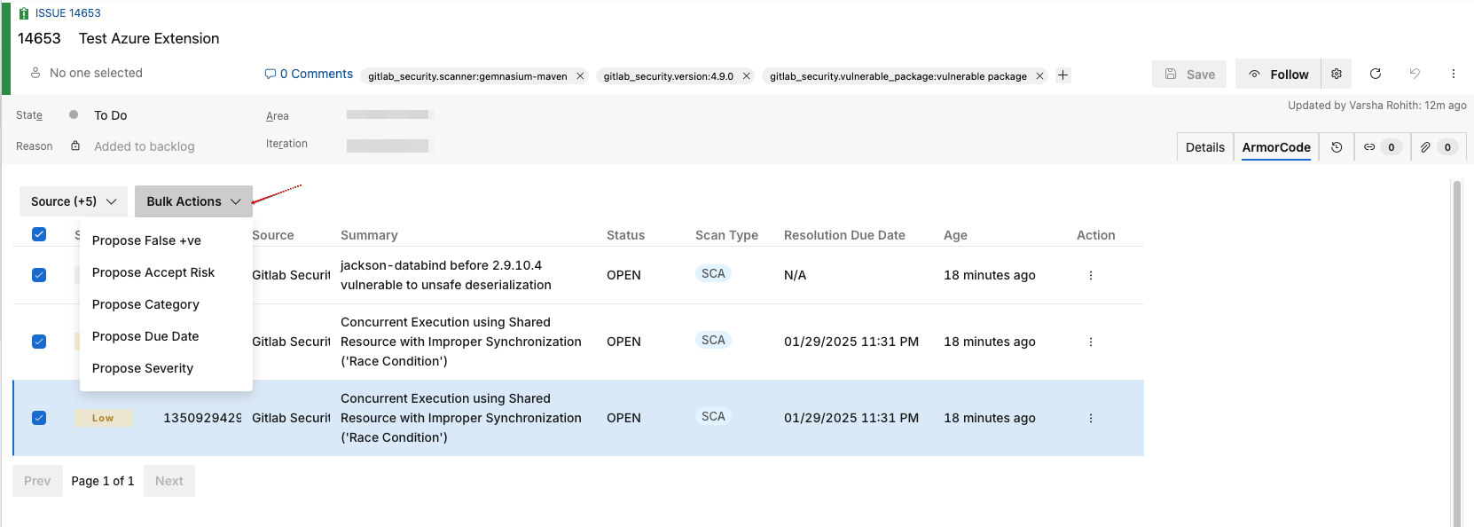 ArmorCode Connect Extension Bulk Propose Actions Azure DevOps work item